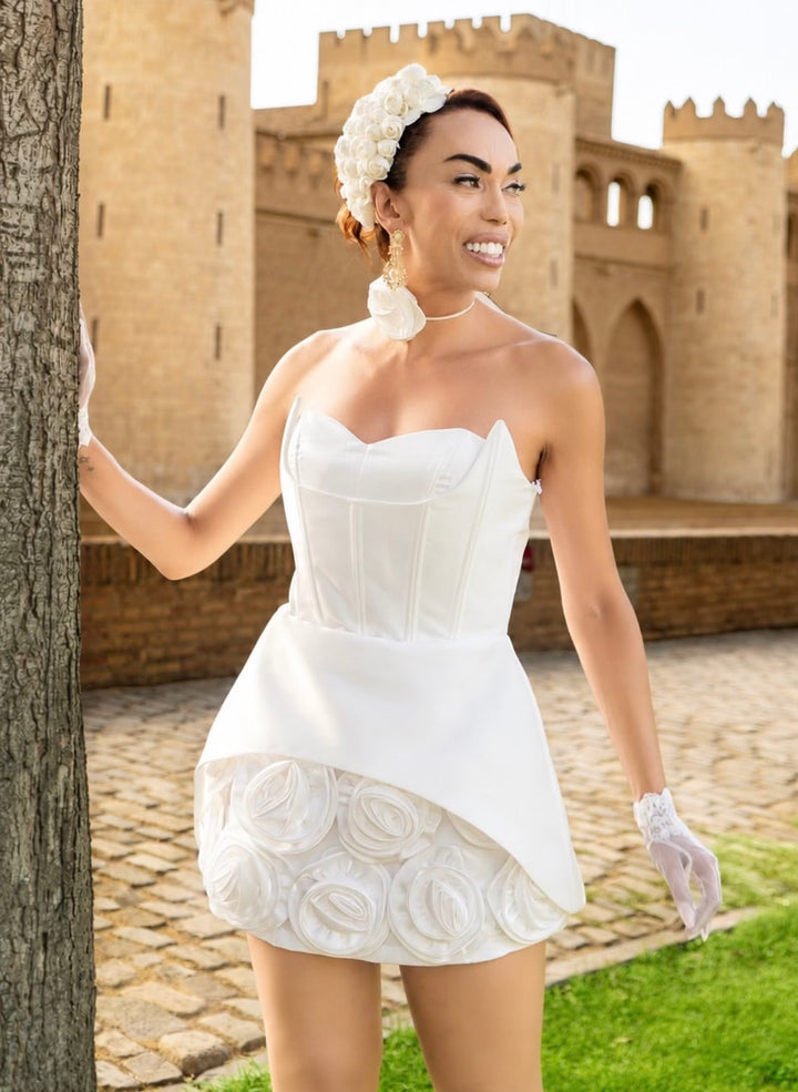 STRAPLESS CORSET MINI DRESS WITH 3D ROSE SKIRT - LILAC