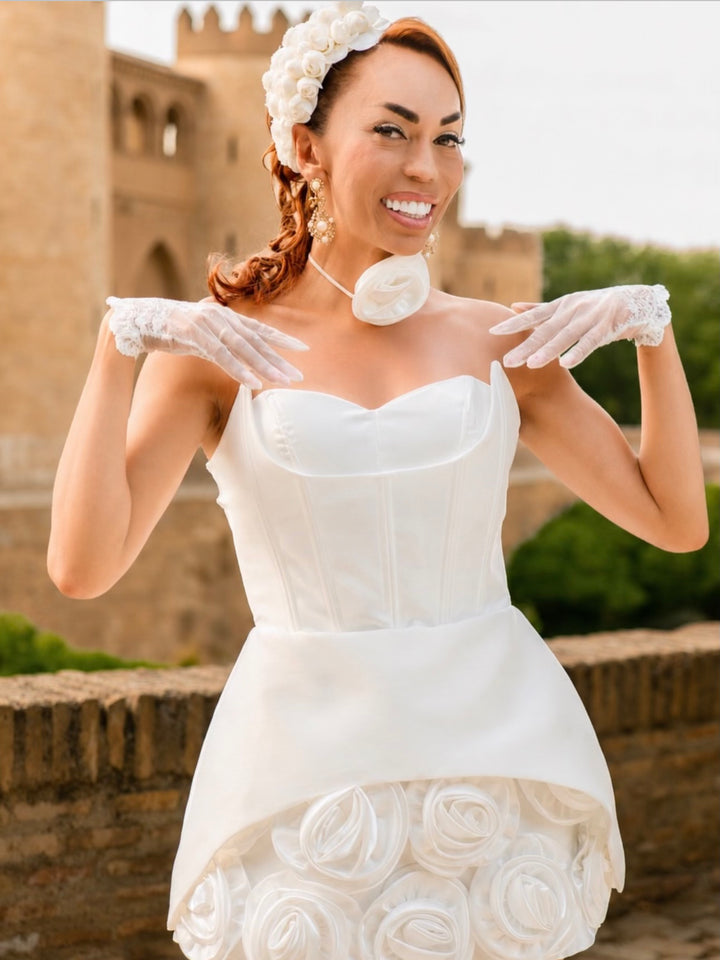 STRAPLESS CORSET MINI DRESS WITH 3D ROSE SKIRT - LILAC