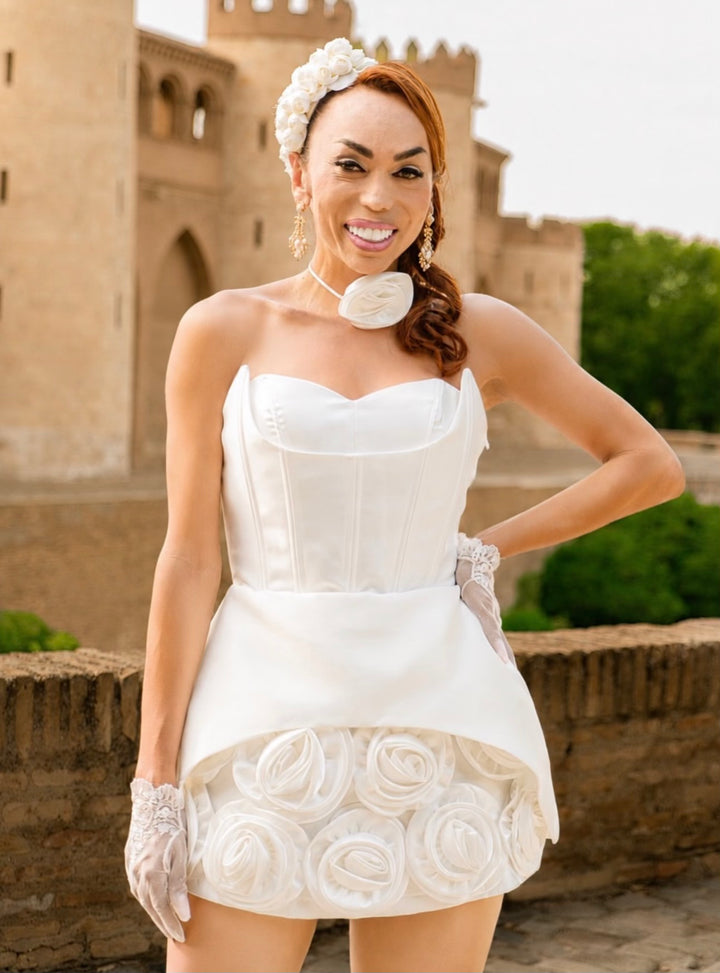STRAPLESS CORSET MINI DRESS WITH 3D ROSE SKIRT - LILAC