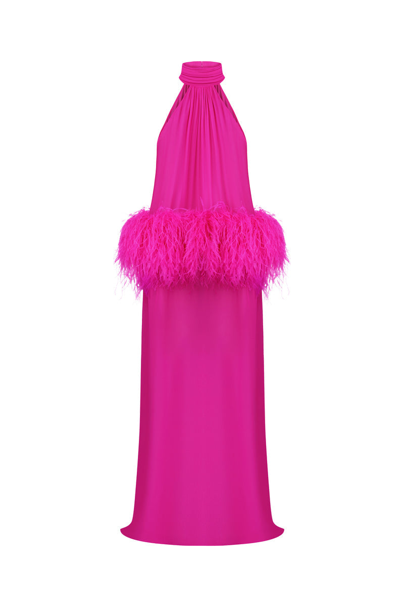 halter chiffon gown with feather trim – FIORELLA