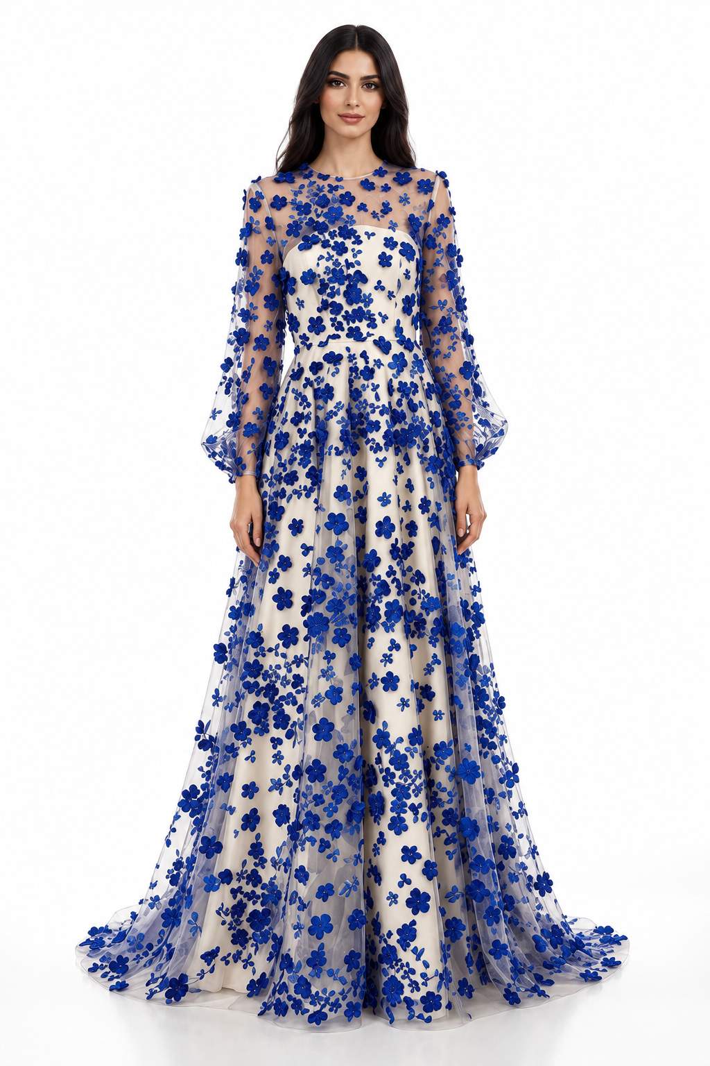 Royal Blue Floral Embroidered Tulle Maxi Dress - Blossom
