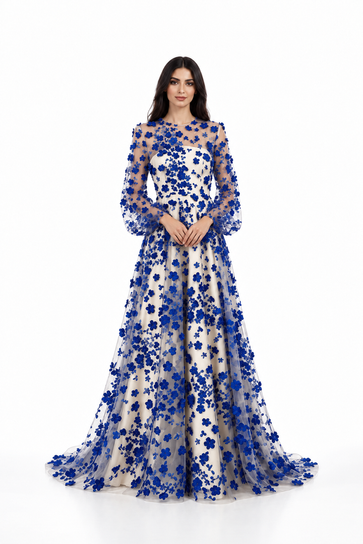 Royal Blue Floral Embroidered Tulle Maxi Dress - Blossom