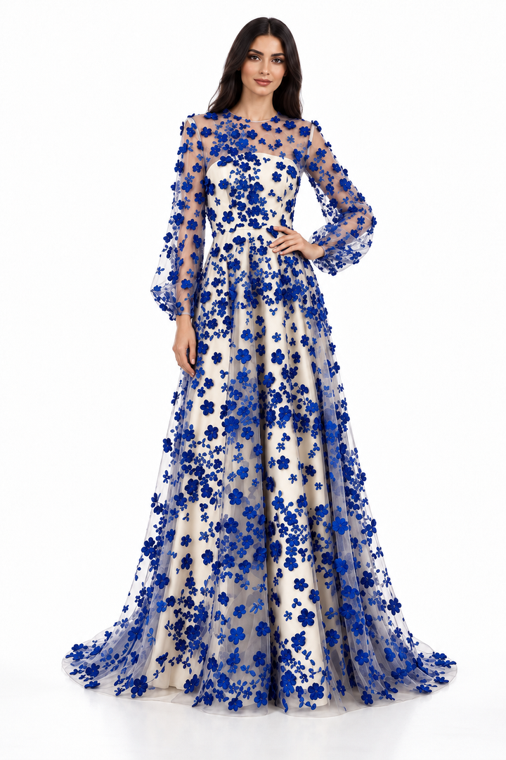 Royal Blue Floral Embroidered Tulle Maxi Dress - Blossom
