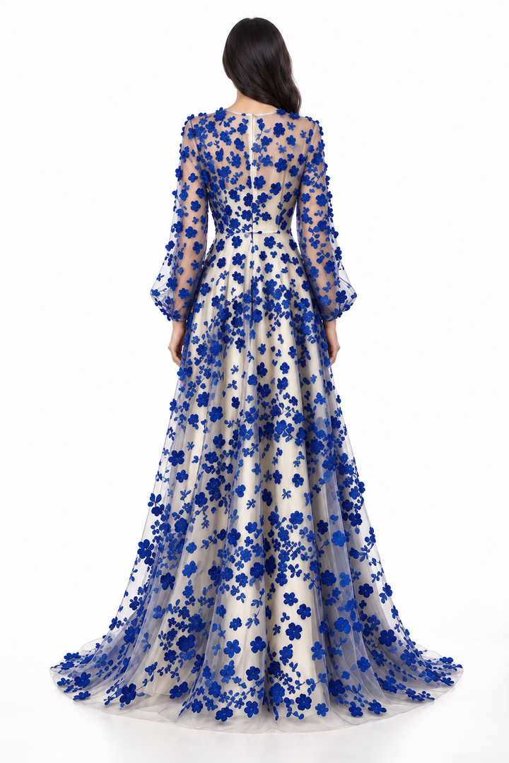 Royal Blue Floral Embroidered Tulle Maxi Dress - Blossom