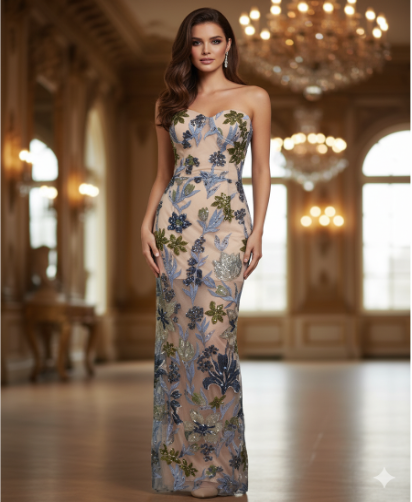 Strapless Floral Embroidered Mesh Gown – AURELIA