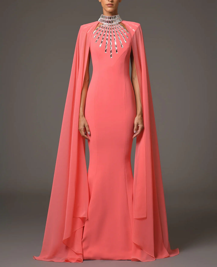 embellished cape-sleeve gown with sculpted neckline – AURORA
