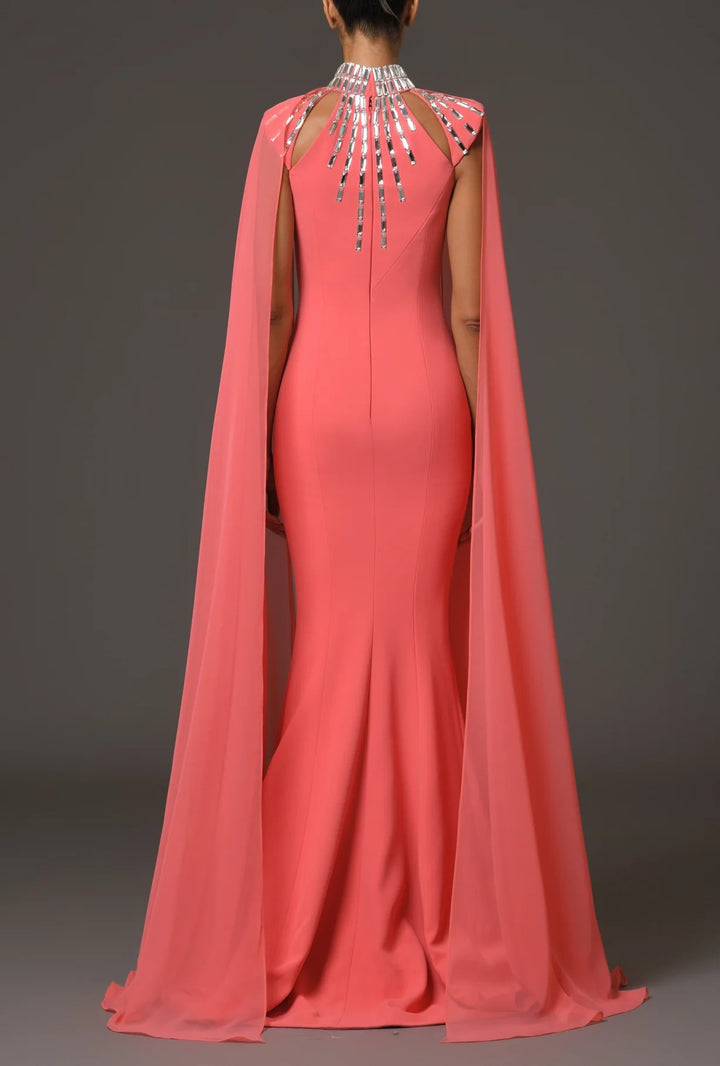 embellished cape-sleeve gown with sculpted neckline – AURORA