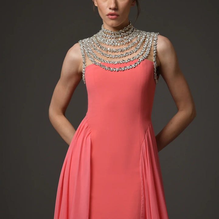 embellished halter gown with layered chiffon drape – CORALINE