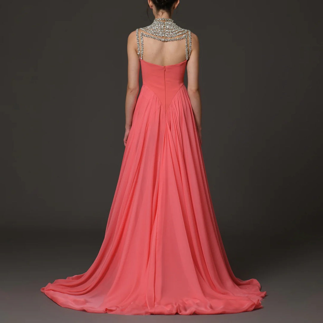 embellished halter gown with layered chiffon drape – CORALINE