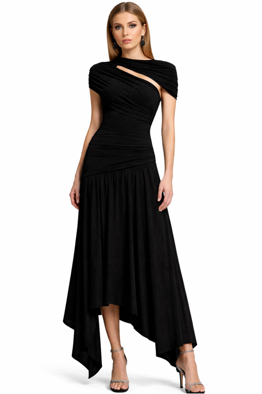 asymmetric ruched evening dress with draped neckline – VEIL