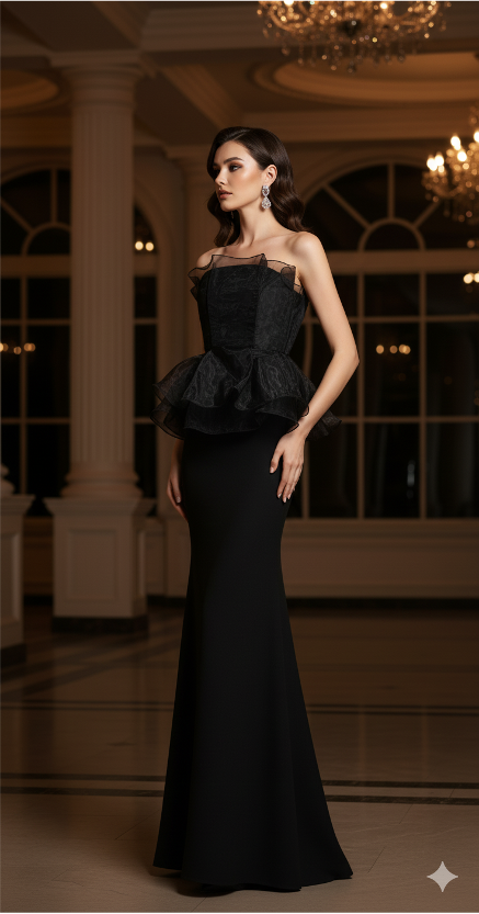 strapless peplum mermaid gown with organza overlay – BELLE