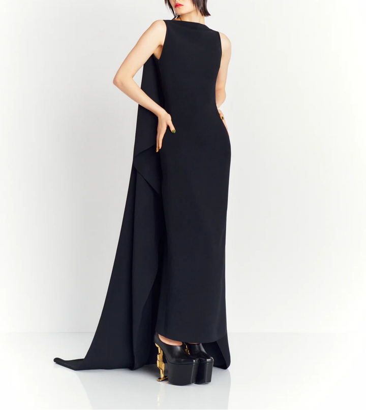 sleeveless column dress with dramatic cape train – KAILA
