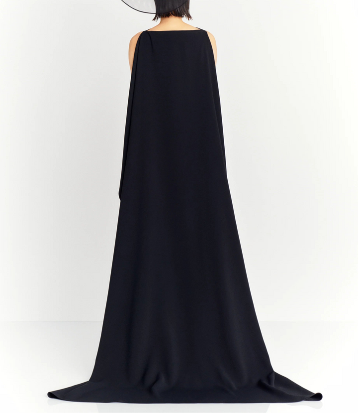 sleeveless column dress with dramatic cape train – KAILA
