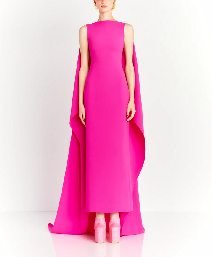 sleeveless column dress with dramatic cape train – KAILA