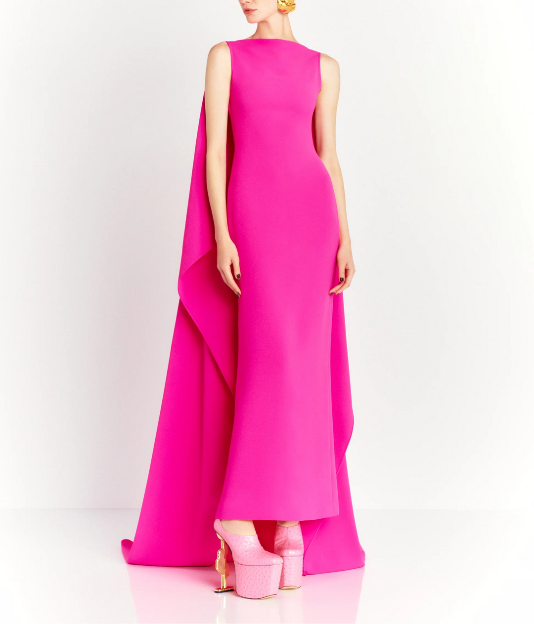 sleeveless column dress with dramatic cape train – KAILA