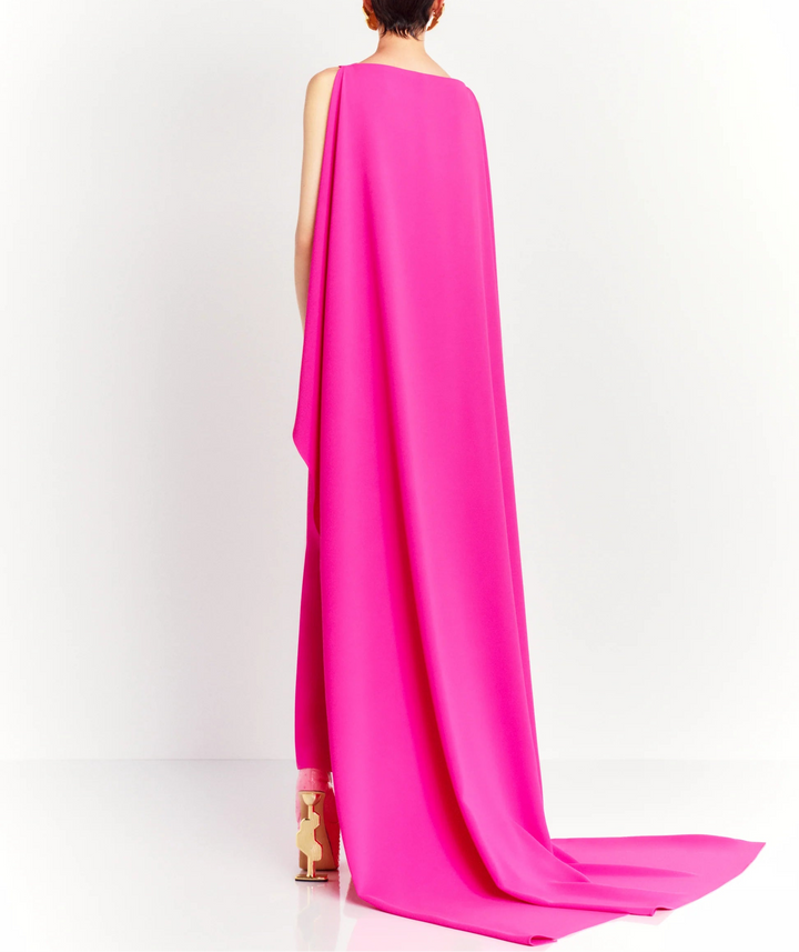 sleeveless column dress with dramatic cape train – KAILA