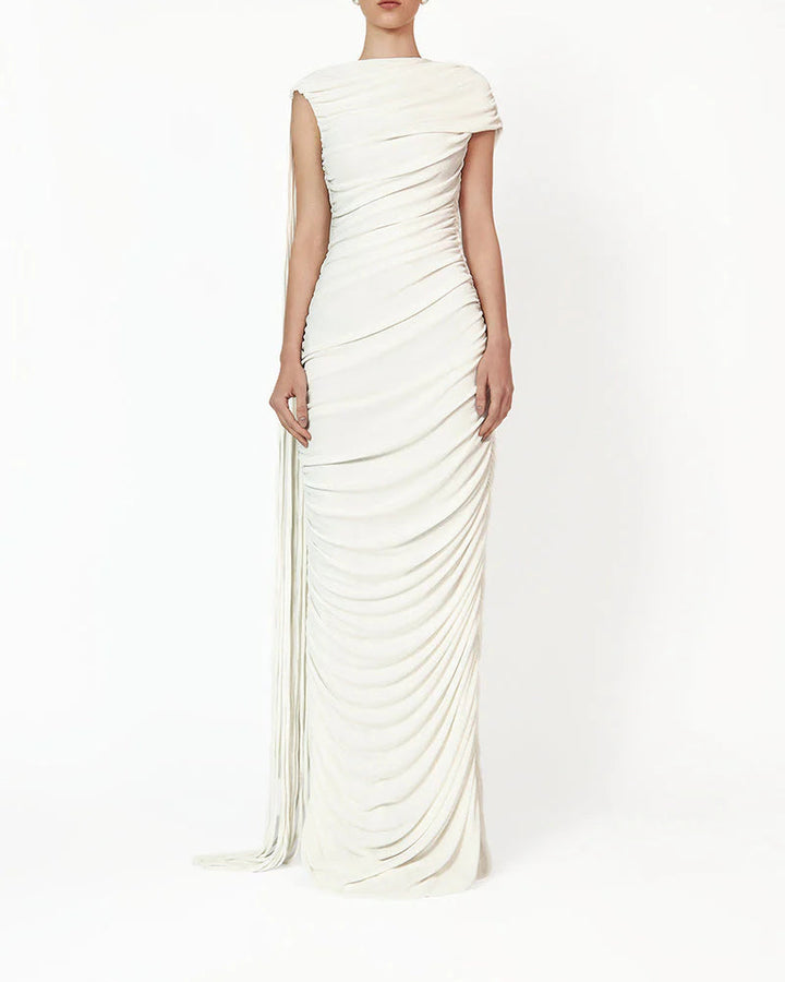 ruched asymmetric gown with draped detailing – KALICIA