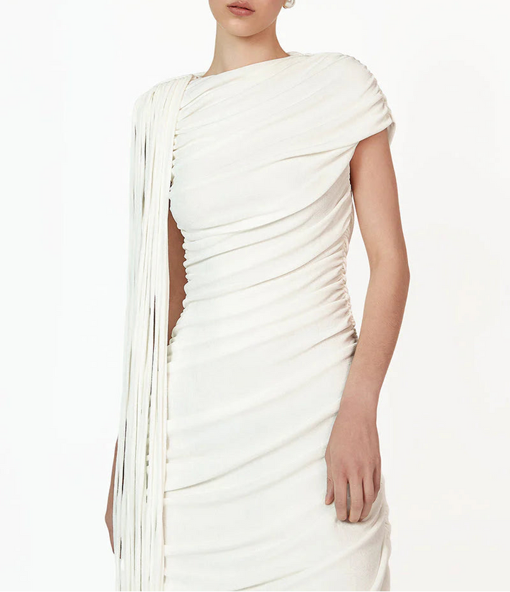 ruched asymmetric gown with draped detailing – KALICIA