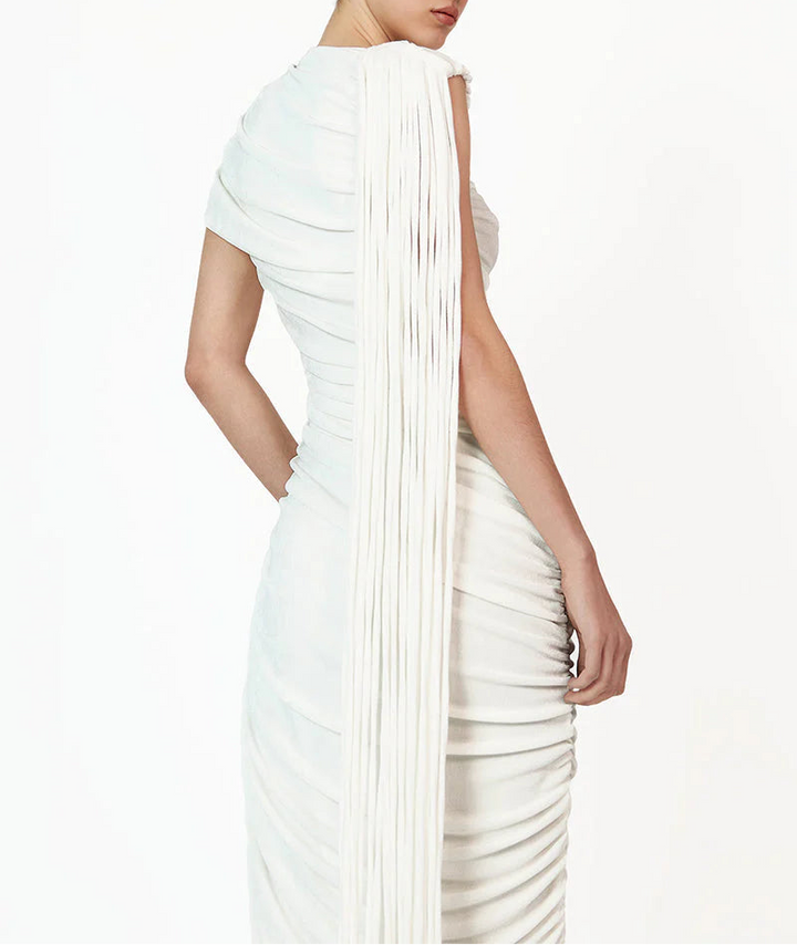 ruched asymmetric gown with draped detailing – KALICIA