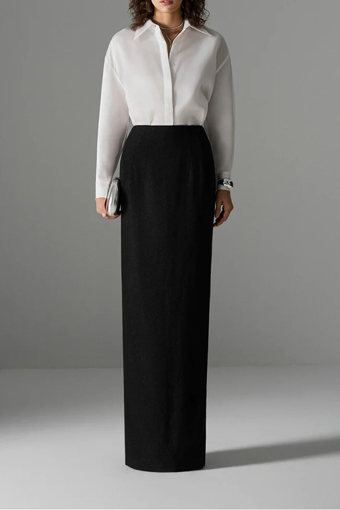 silk shirt with high-waist column skirt – NOIRE