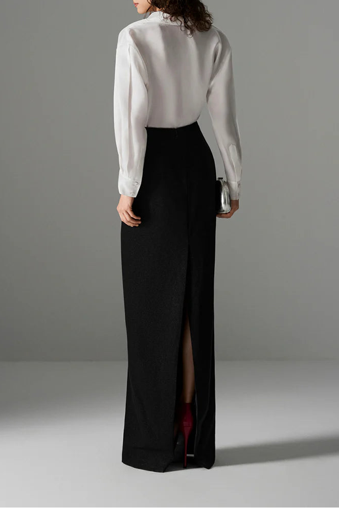 silk shirt with high-waist column skirt – NOIRE