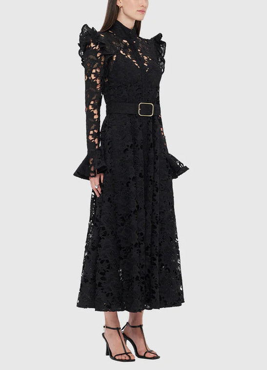 long-sleeve lace midi dress with ruffled shoulders – IVORIE