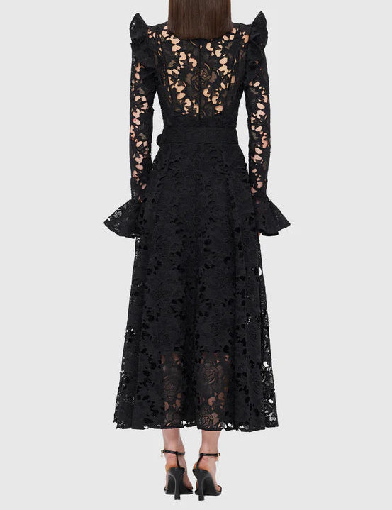 long-sleeve lace midi dress with ruffled shoulders – IVORIE