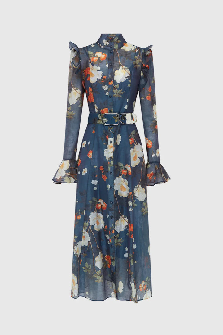 floral chiffon midi dress with puffed shoulders and belt – LEDILA