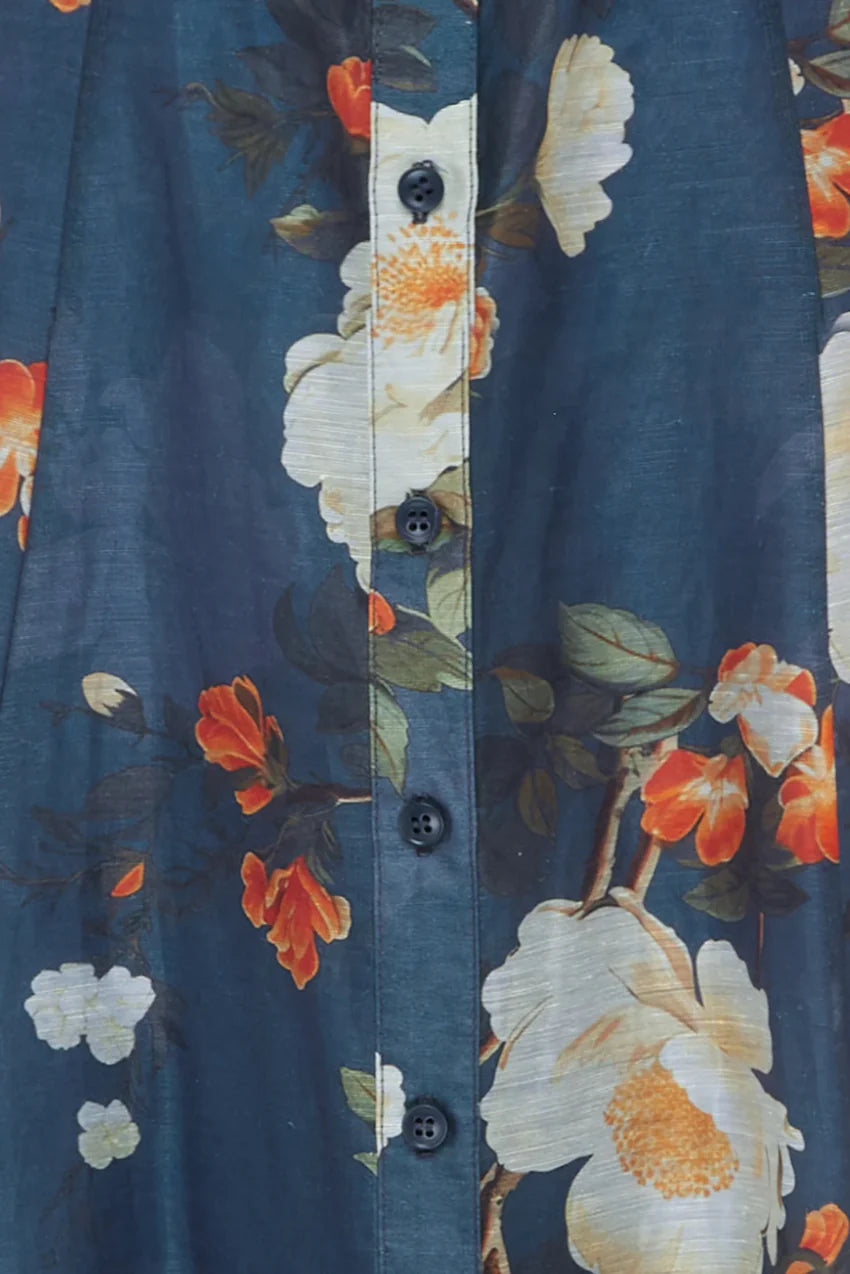 floral chiffon midi dress with puffed shoulders and belt – LEDILA