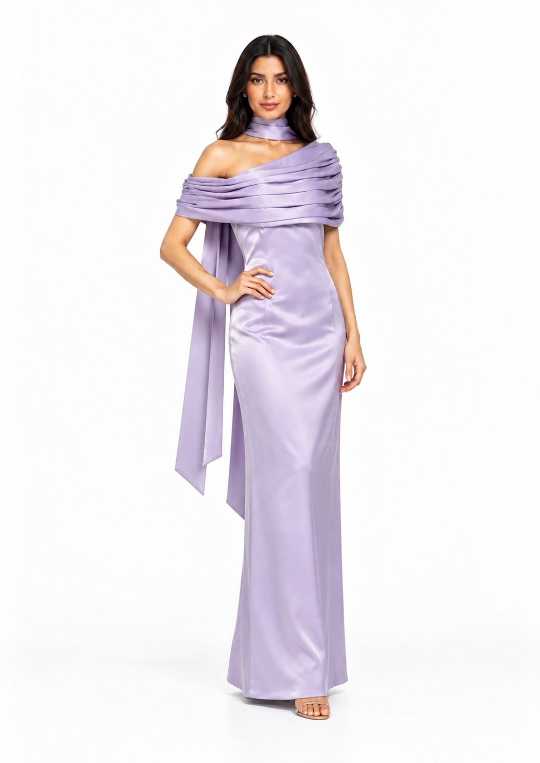 Draped Off-Shoulder Satin Evening Gown - Meravelle