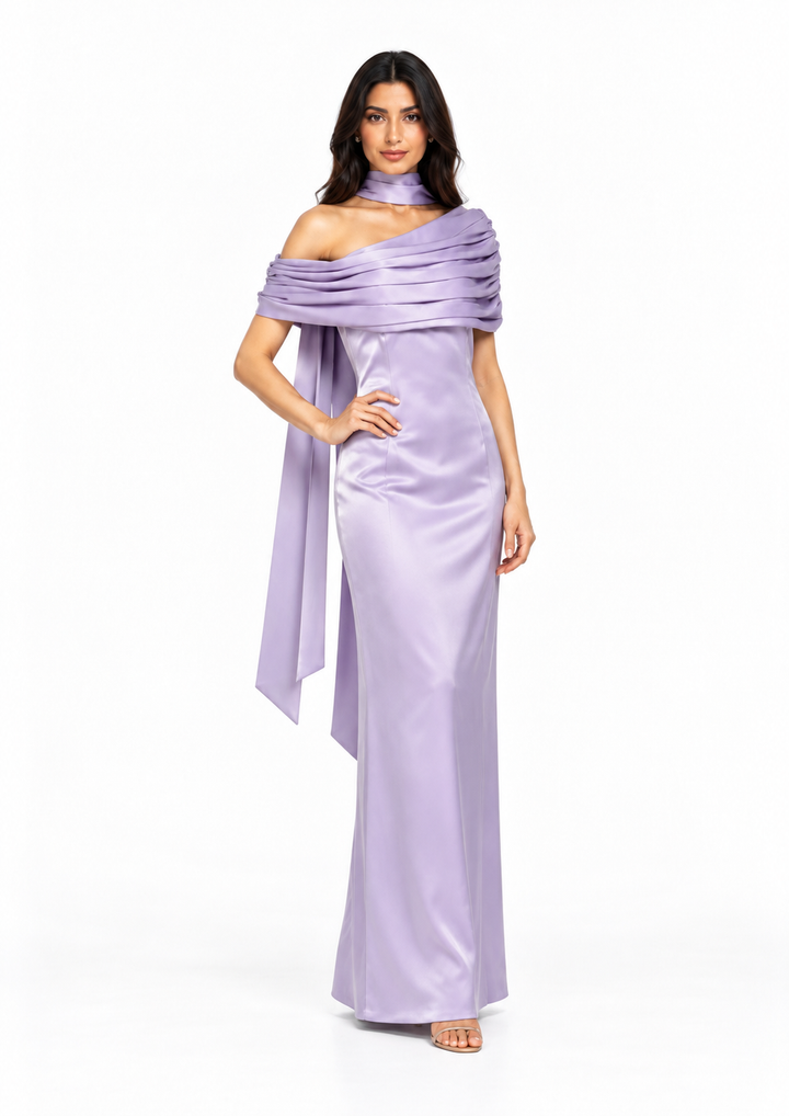 Draped Off-Shoulder Satin Evening Gown - Meravelle