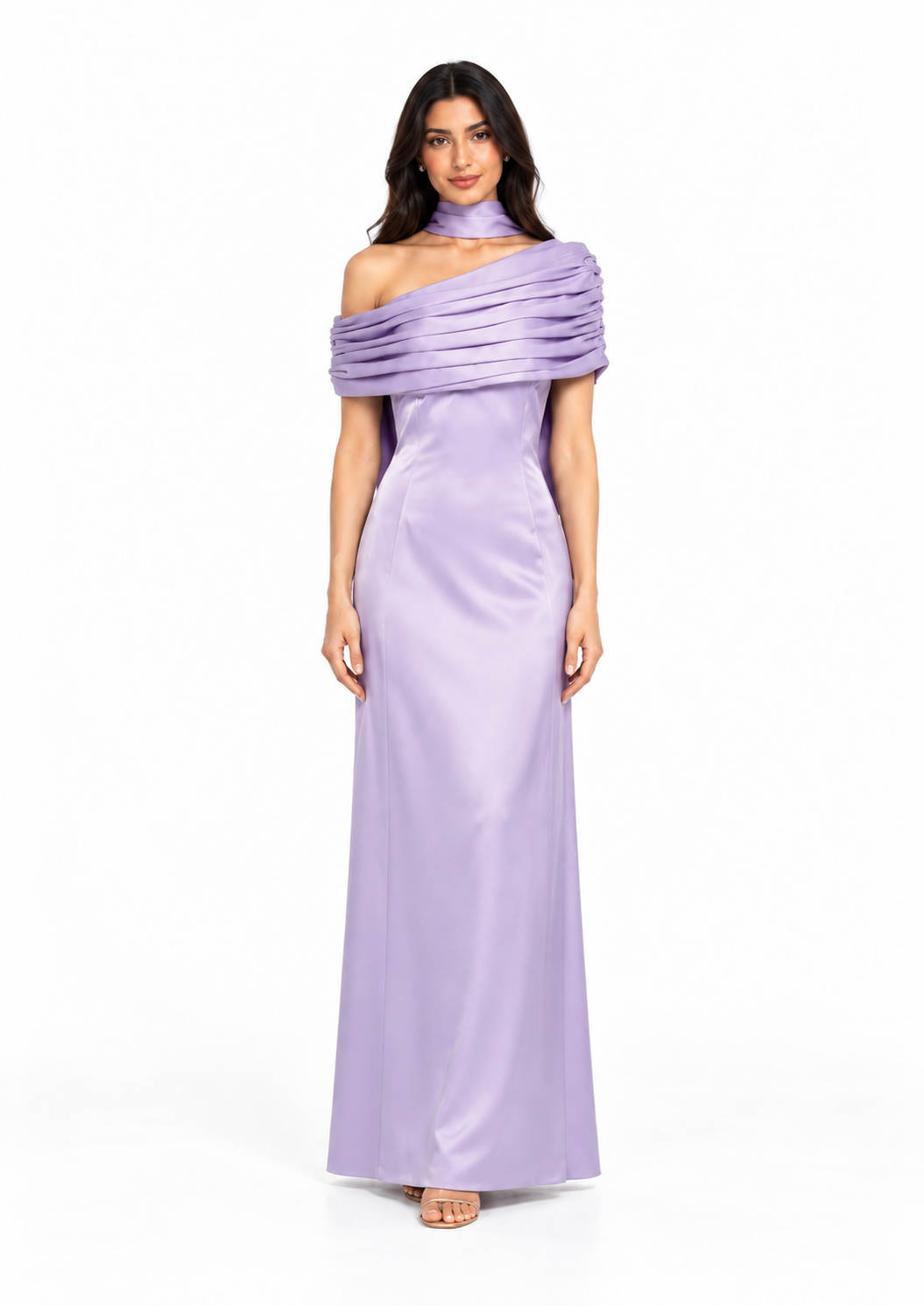 Draped Off-Shoulder Satin Evening Gown - Meravelle