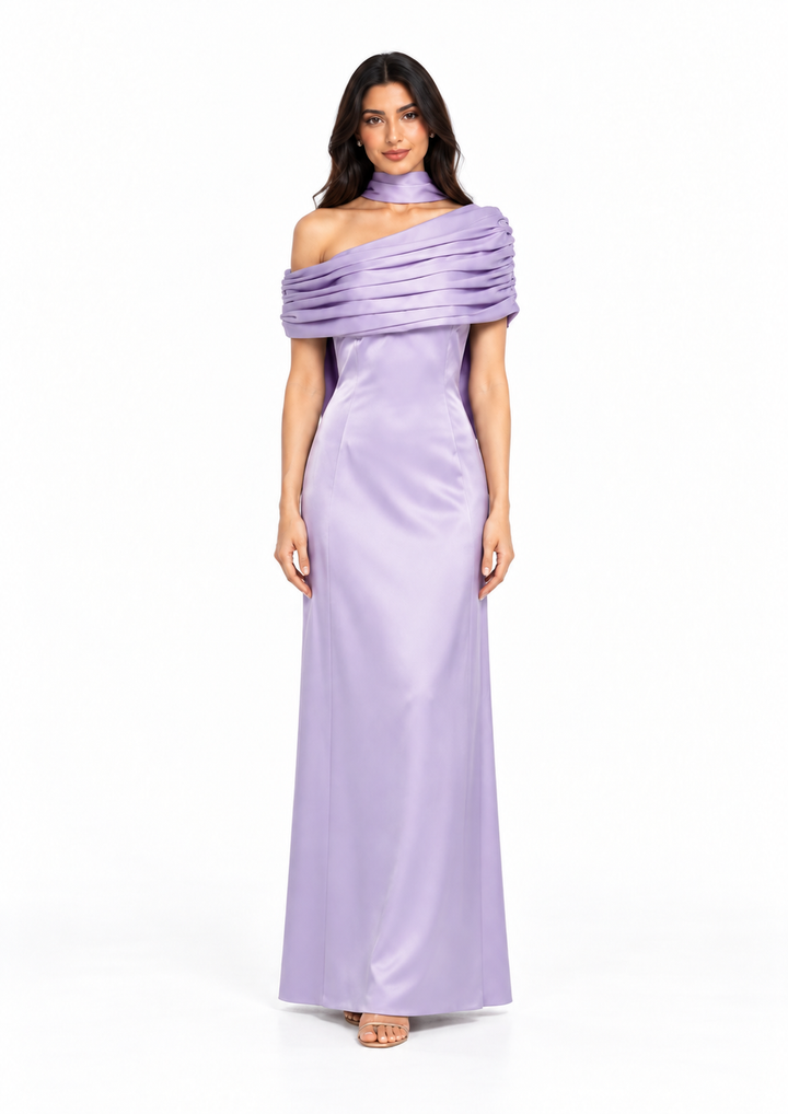 Draped Off-Shoulder Satin Evening Gown - Meravelle