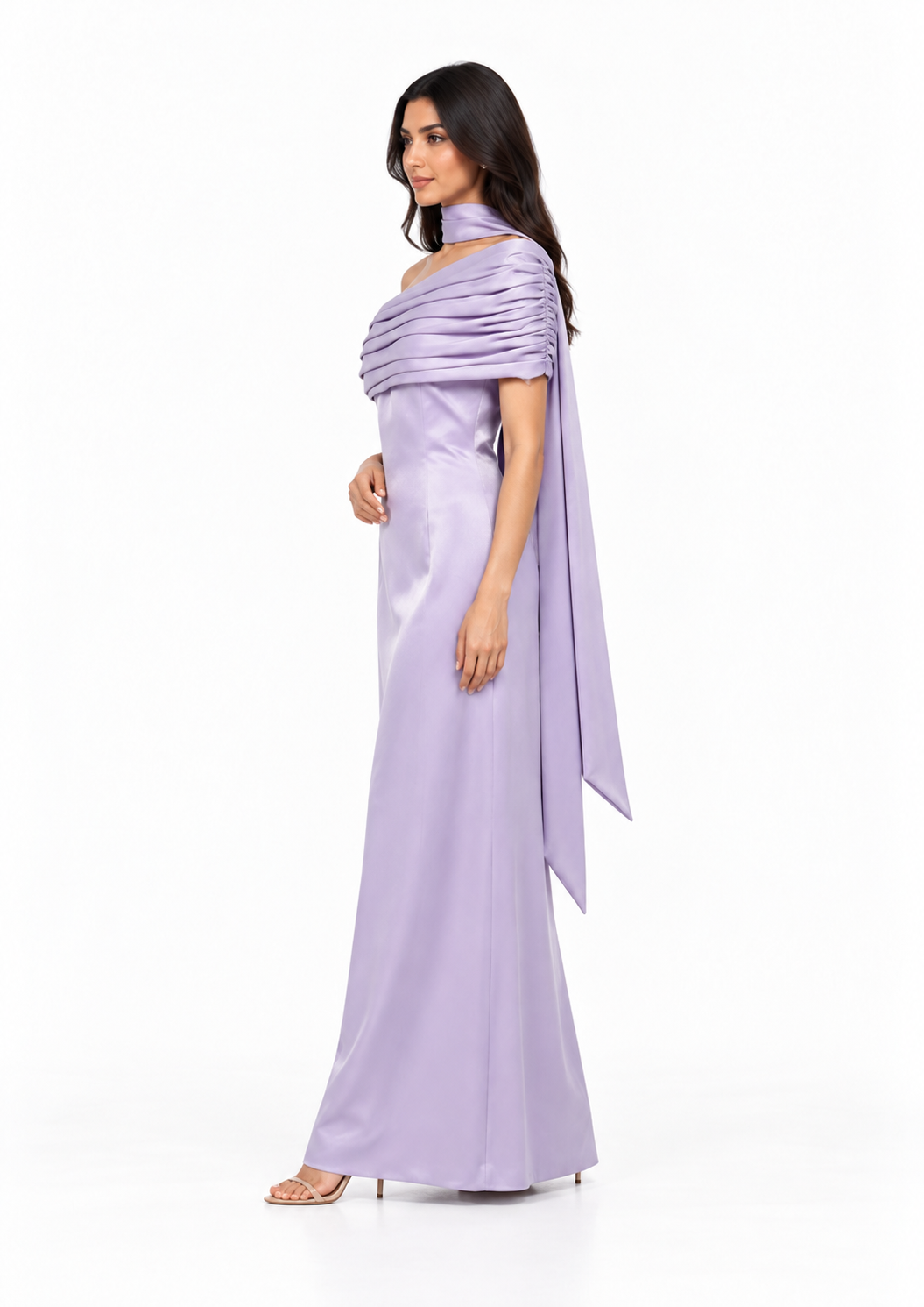 Draped Off-Shoulder Satin Evening Gown - Meravelle