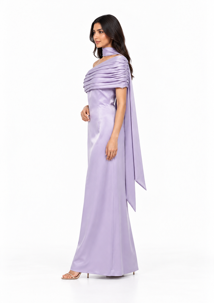 Draped Off-Shoulder Satin Evening Gown - Meravelle