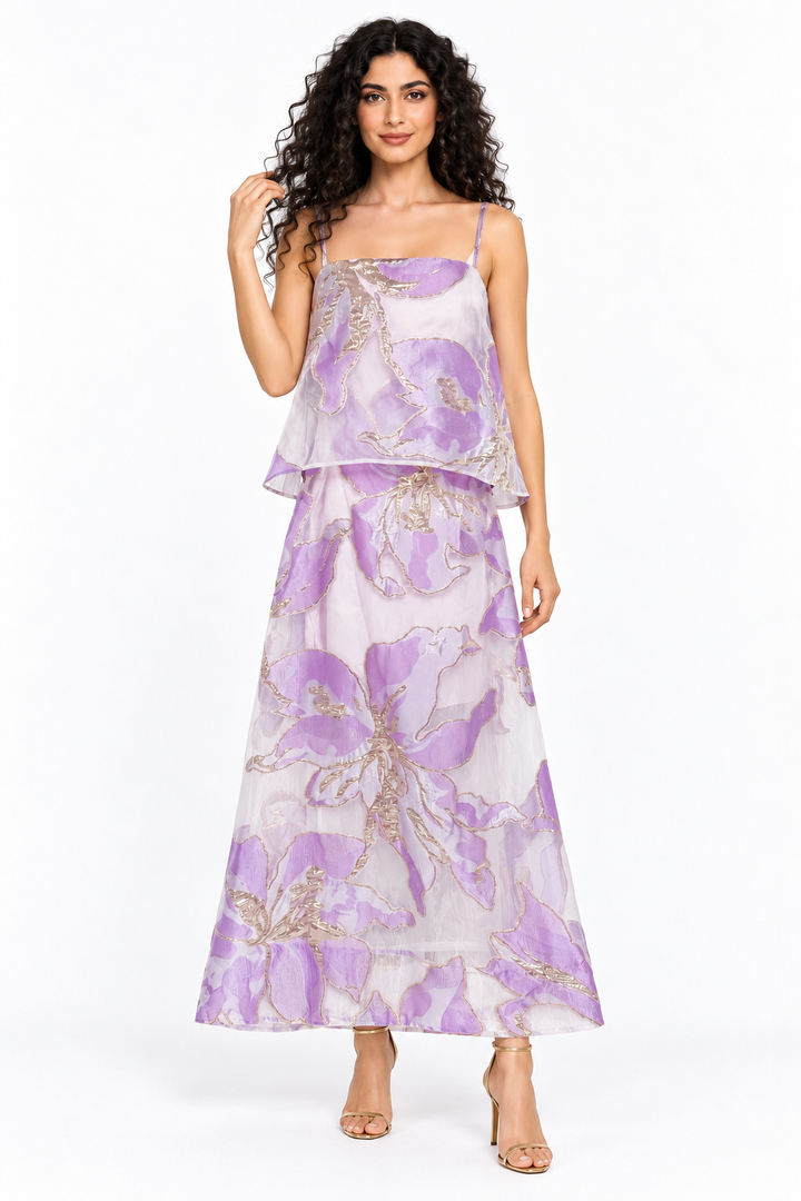 Floral Jacquard Layered Midi Dress - Viridelle