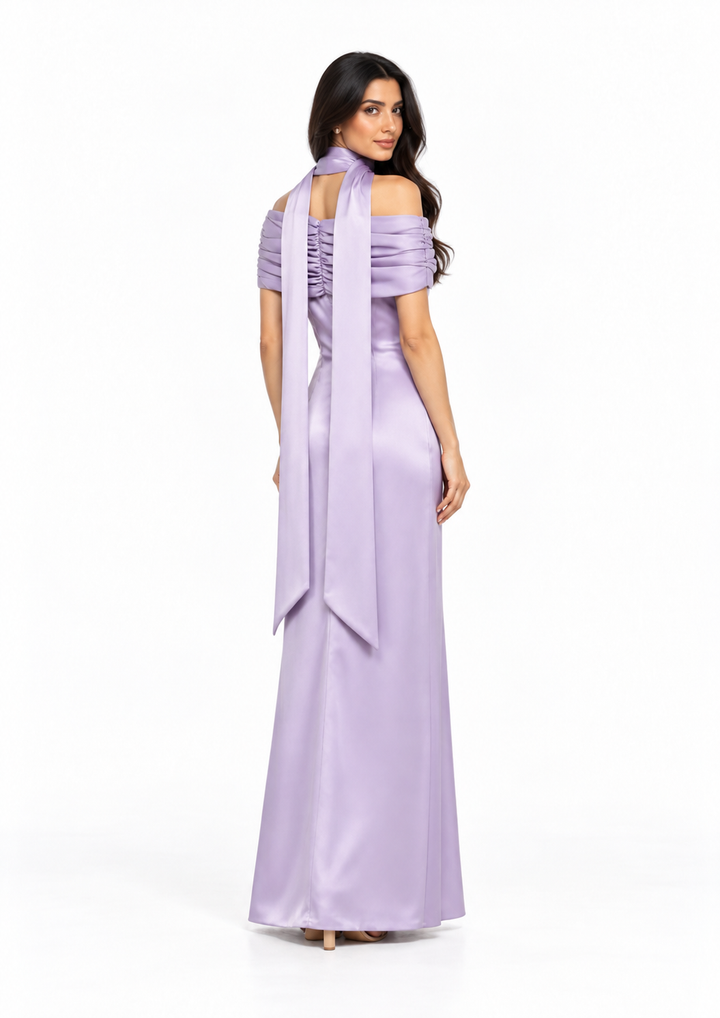 Draped Off-Shoulder Satin Evening Gown - Meravelle