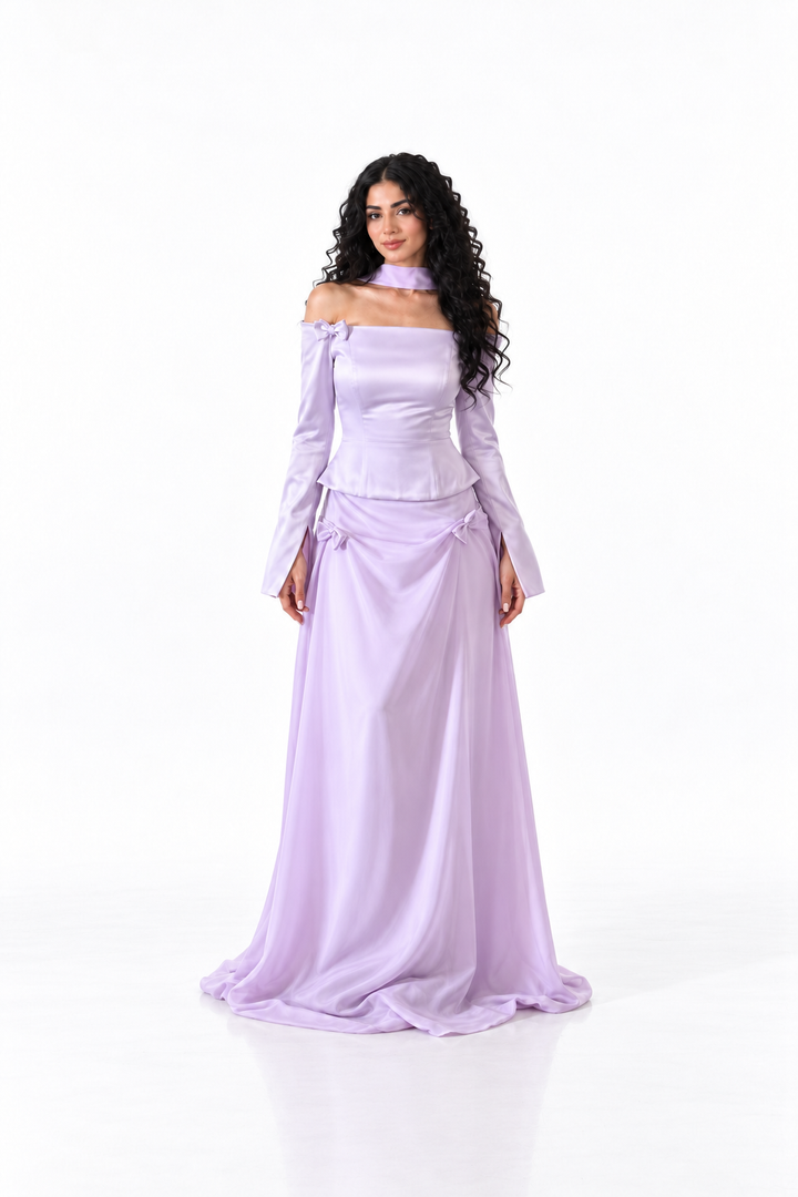 Off-Shoulder Bow Satin Set - Lilacelle