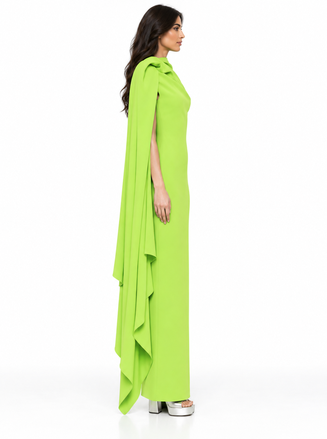 Lime Green Asymmetric Draped Cape Maxi Dress - Zaria