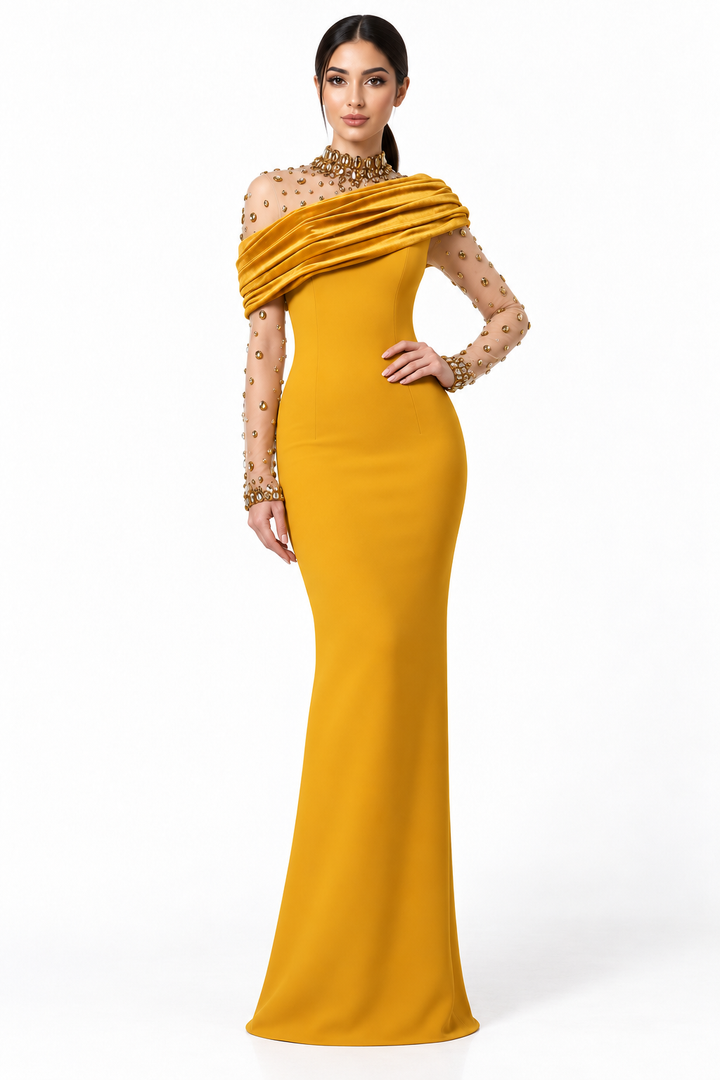 Golden Draped Crystal Gown -Aurevane