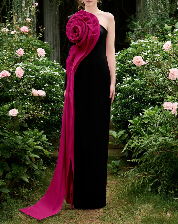 one-shoulder gown with oversized 3D rose drape – ROSABELLE