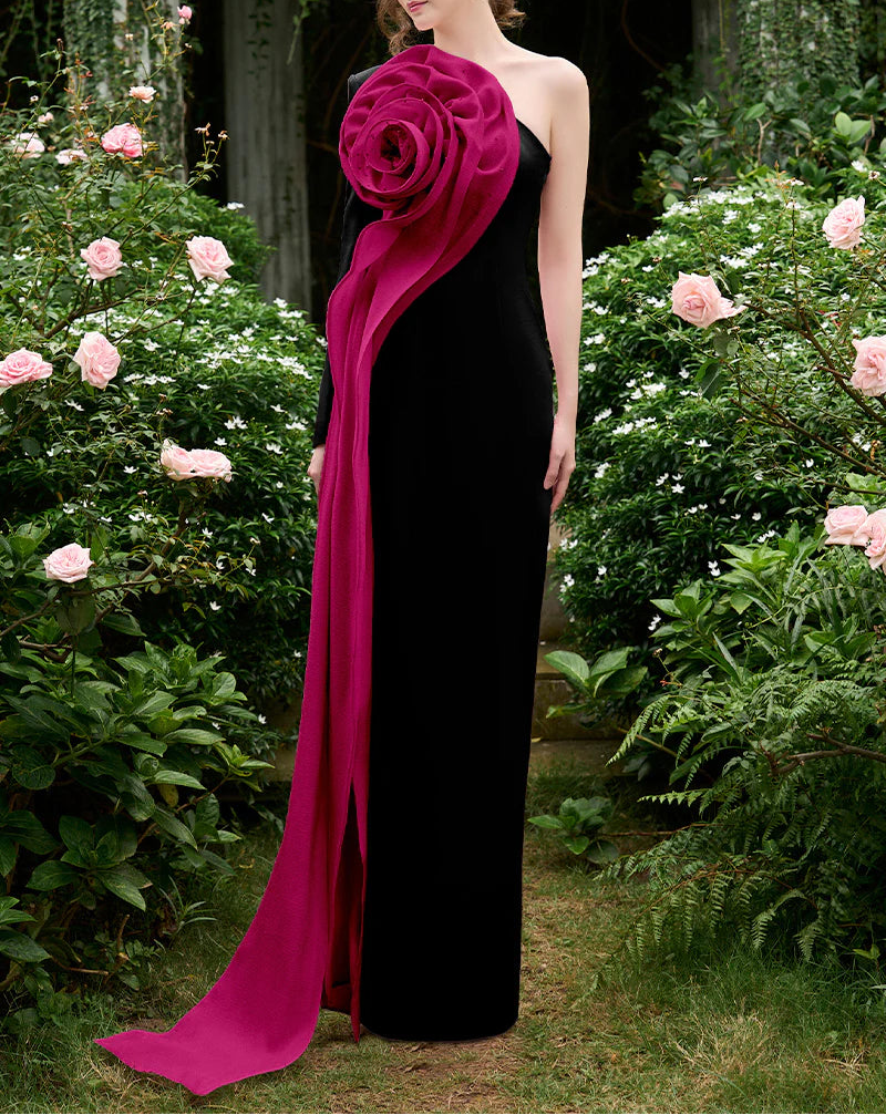 one-shoulder gown with oversized 3D rose drape – ROSABELLE