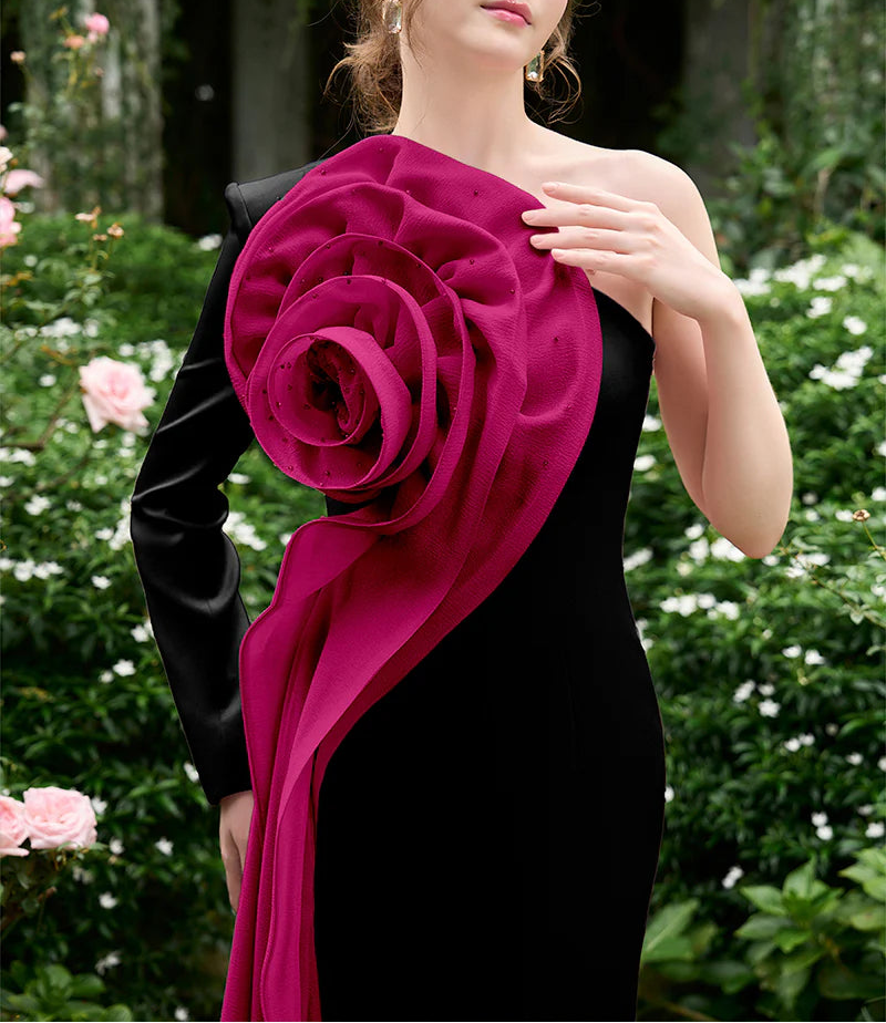one-shoulder gown with oversized 3D rose drape – ROSABELLE