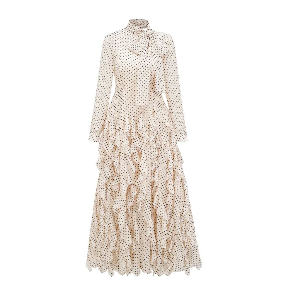 polka-dot chiffon maxi dress with tie-neck and tiered ruffles – ISOLDE