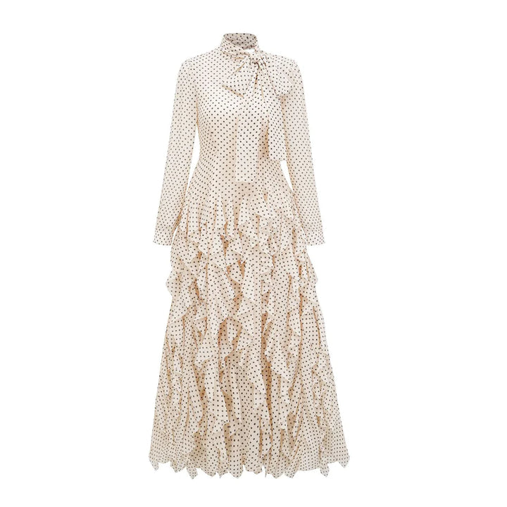 polka-dot chiffon maxi dress with tie-neck and tiered ruffles – ISOLDE