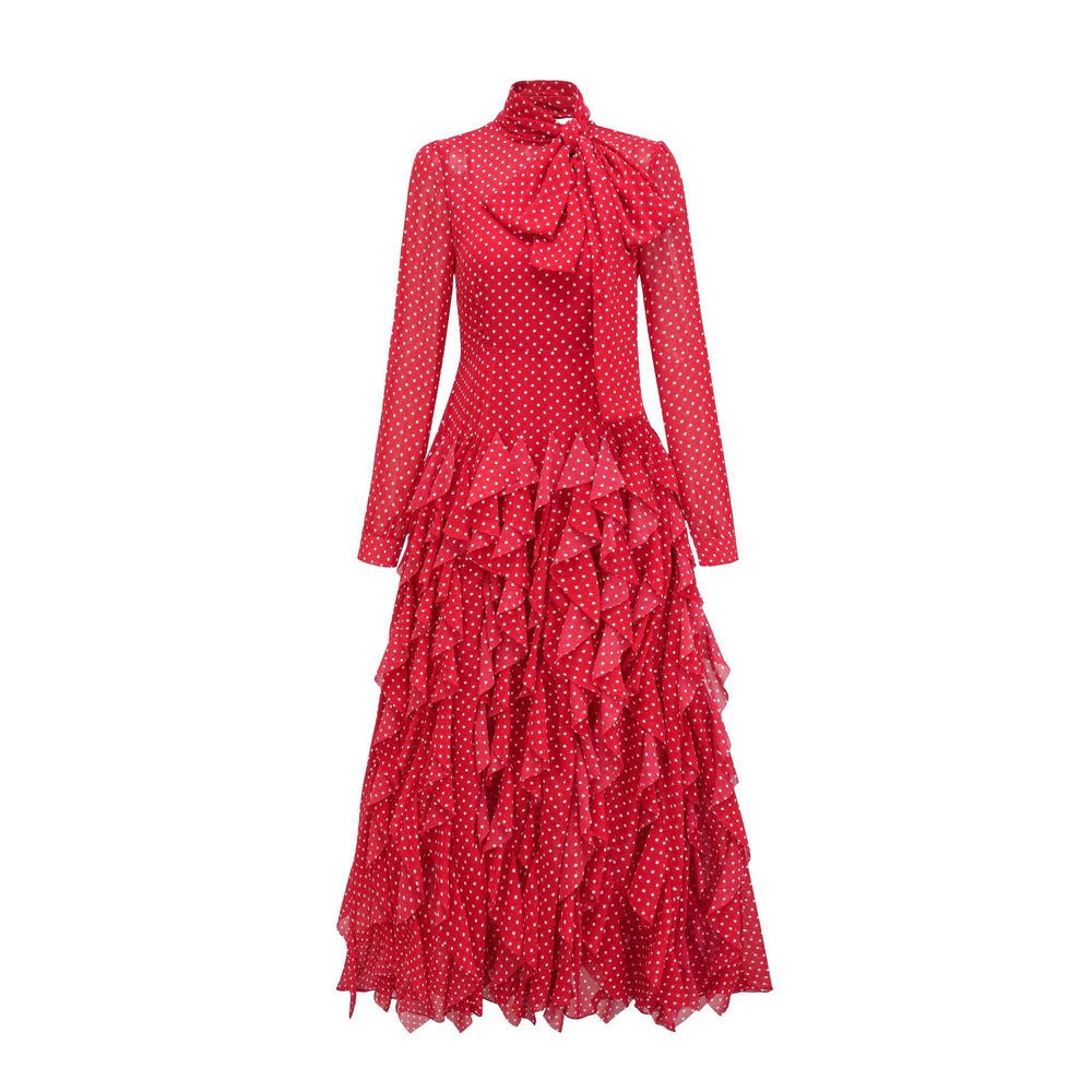 polka-dot chiffon maxi dress with tie-neck and tiered ruffles – ISOLDE