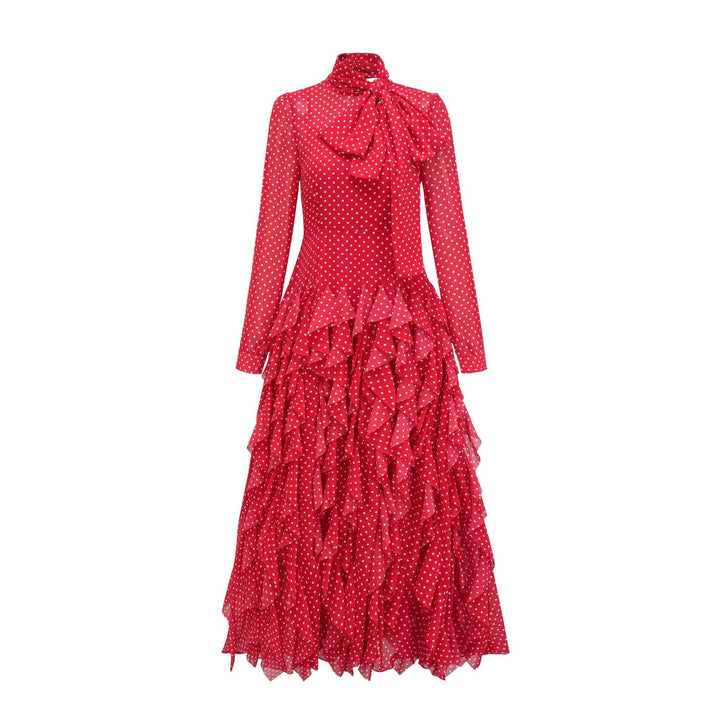 polka-dot chiffon maxi dress with tie-neck and tiered ruffles – ISOLDE