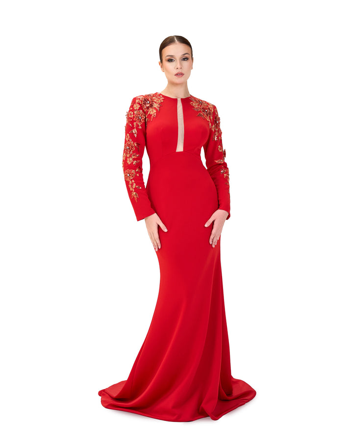 Red Floor-Length Dress with a Long Train and Sequined Sleeves