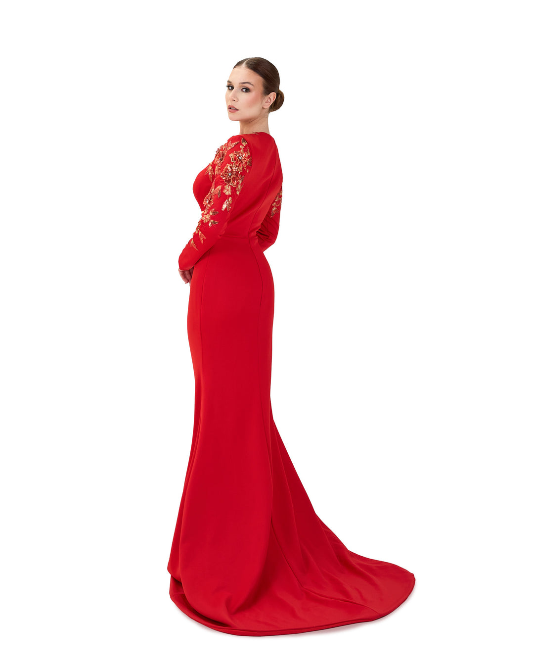 Red Floor-Length Dress with a Long Train and Sequined Sleeves