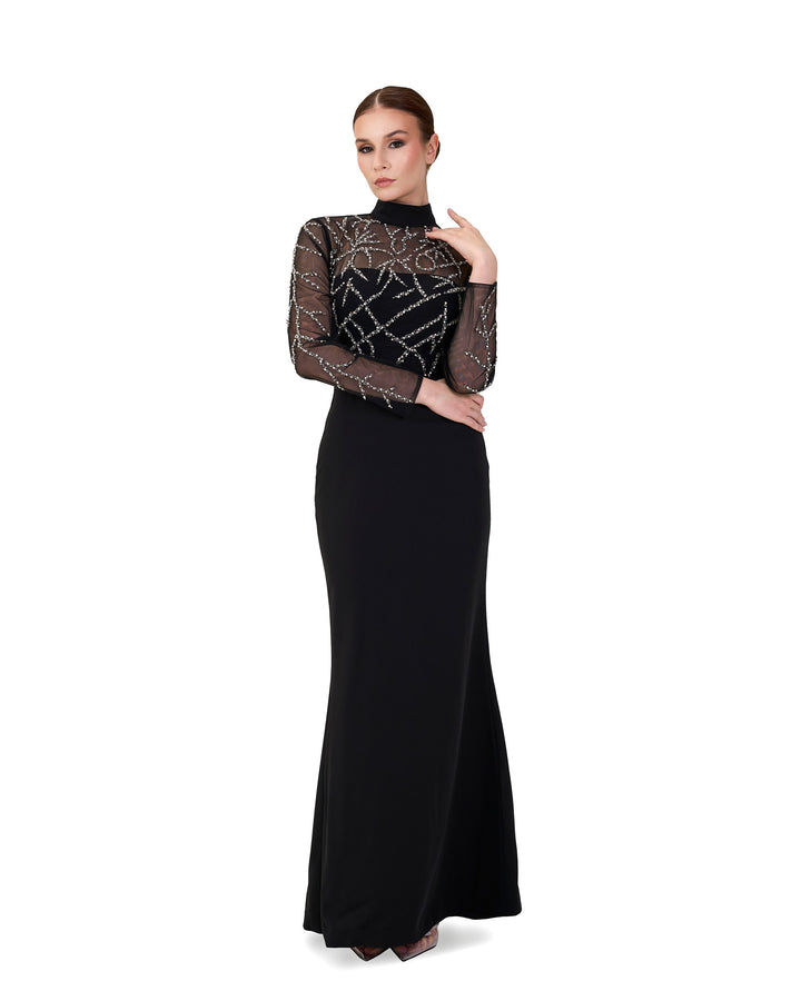 Beaded column dress with see-through top-Rumer